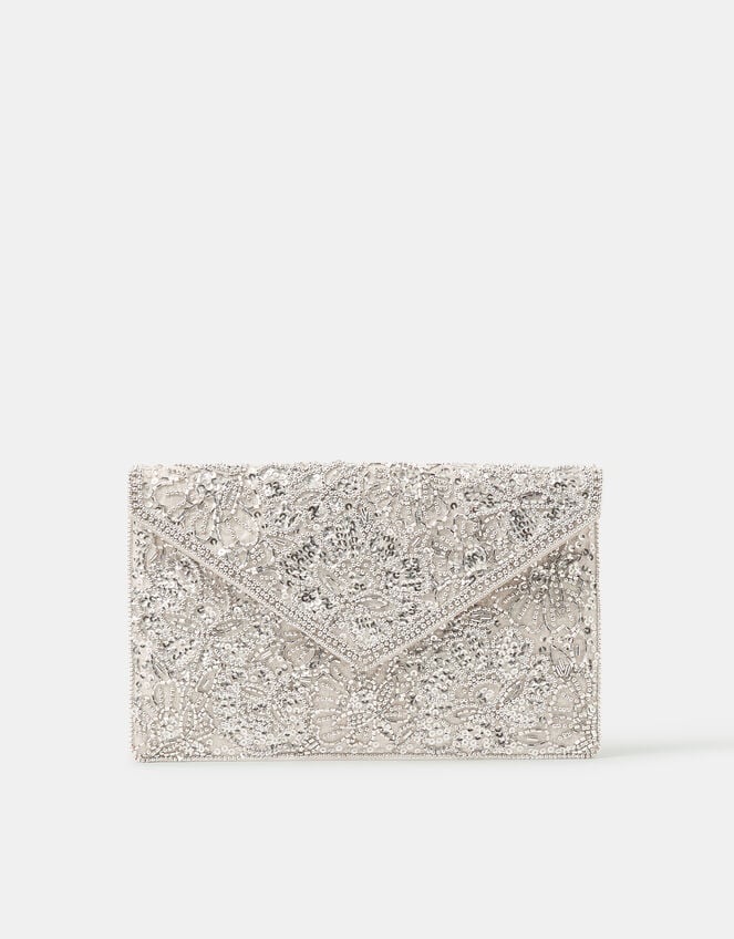 Floral Embellished Envelope Clutch Bag – Silver
