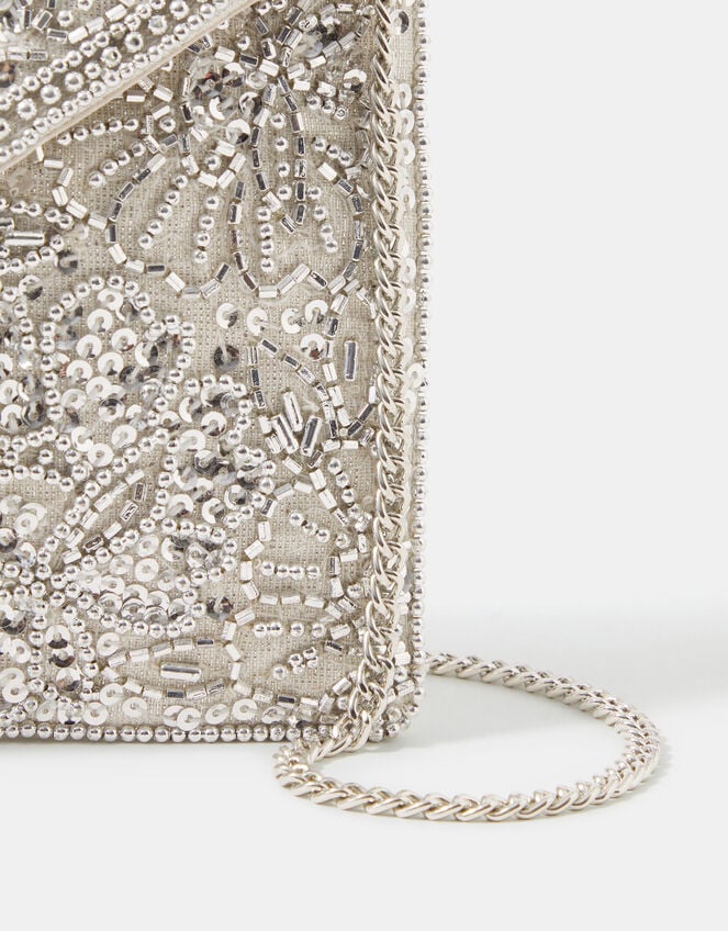 Floral Embellished Envelope Clutch Bag – Silver
